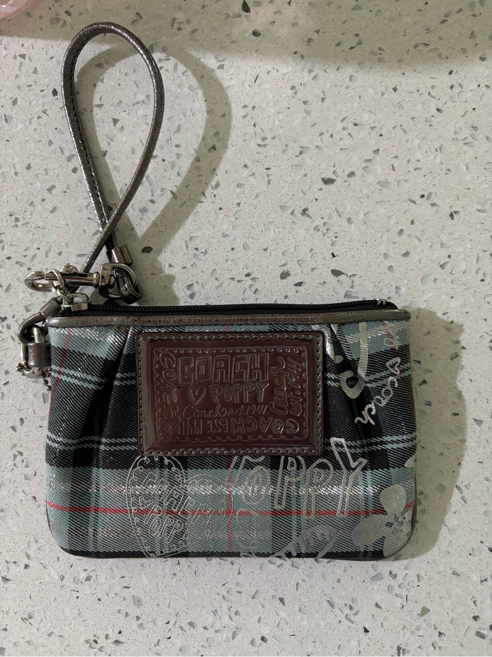 Coach Plaid Poppy Patch Wristlet in Gray and Brown New
